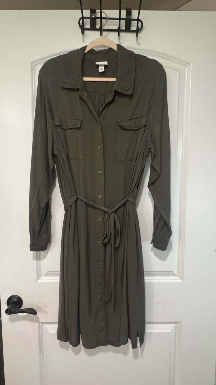 Olive Green Utility Shirt Dress Belted Button Front Plus Size 2X